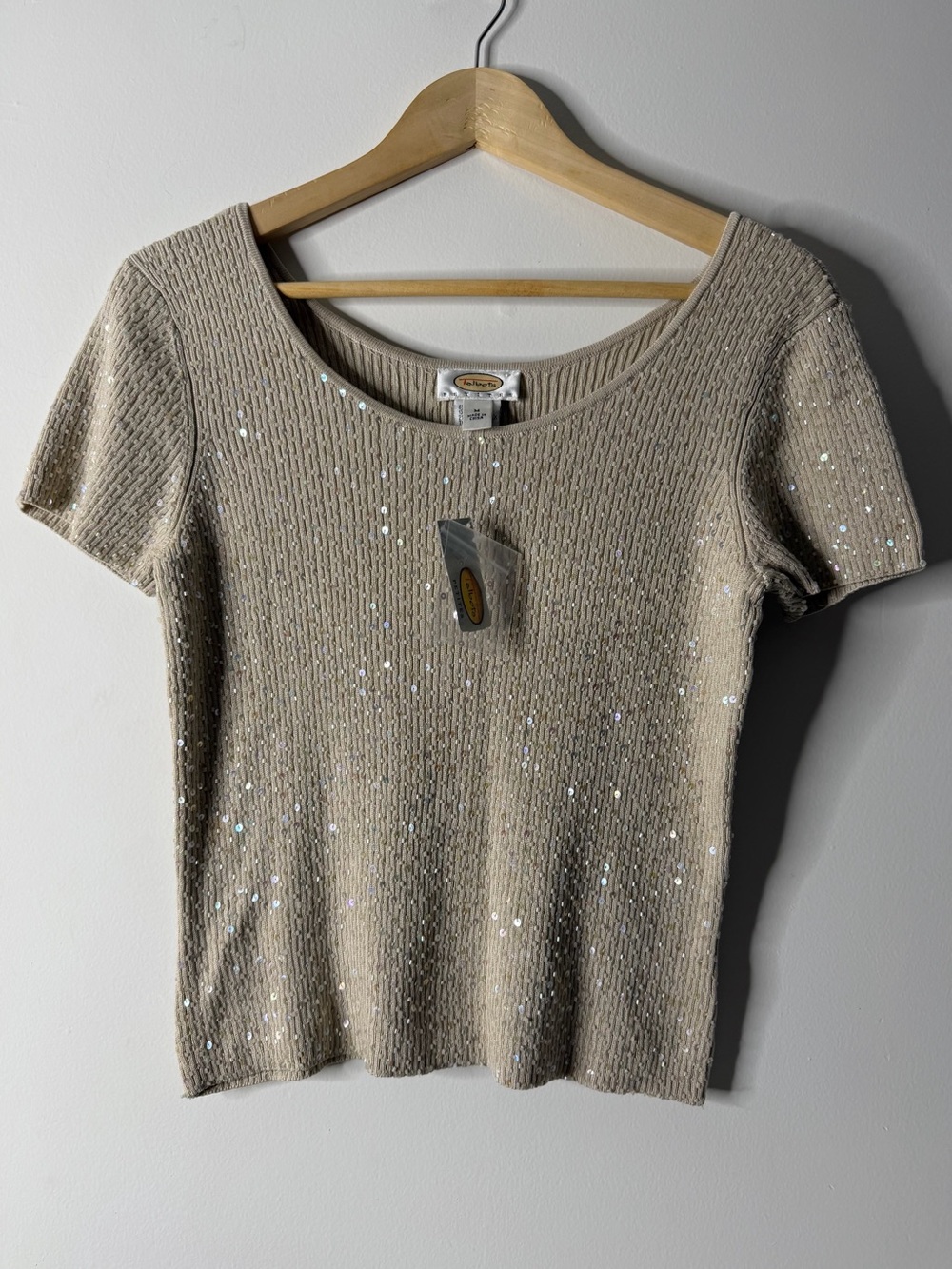 Talbots Sequin-Embellished Short Sleeve Knit Top in Beige